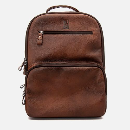 Mochila Feita em Couro Floater Premium Acabamento Manchado Alça Costas Divisória Notebook 2 Bolsos Externo Masculina Milano Conhaque 12668