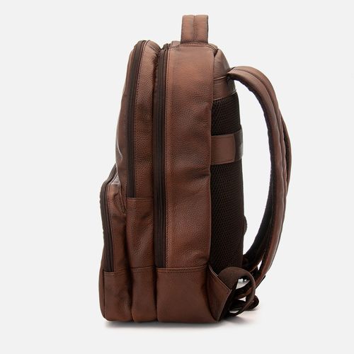 Mochila Feita em Couro Floater Premium Acabamento Manchado Alça Costas Divisória Notebook 2 Bolsos Externo Masculina Milano Conhaque 12668