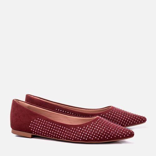 Sapatilha Rasteira Bico Fino Brilho Strass Hot Fix Feminino Milano Marsala 12597