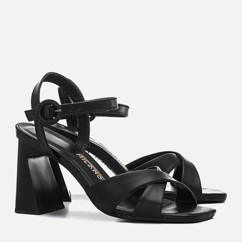 Sandália Salto Alto Bloco Geométrico e Bico Quadrado Feminino Milano Preto 12902