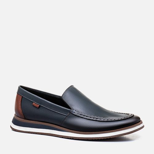 Sapato Casual Mocassim Feito em Couro Soft Calce Prático Sem Amarração Slip On Solado Costura Aparente Anatômico Masculino Milano Marinho 13216