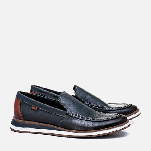 Sapato Casual Mocassim Feito em Couro Soft Calce Prático Sem Amarração Slip On Solado Costura Aparente Anatômico Masculino Milano Marinho 13216
