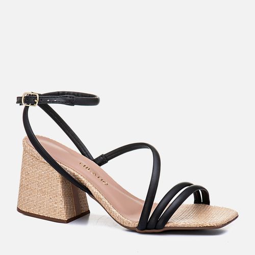 Sandália Salto Bloco Trama Palha Natural Feminino Milano Preto 13001