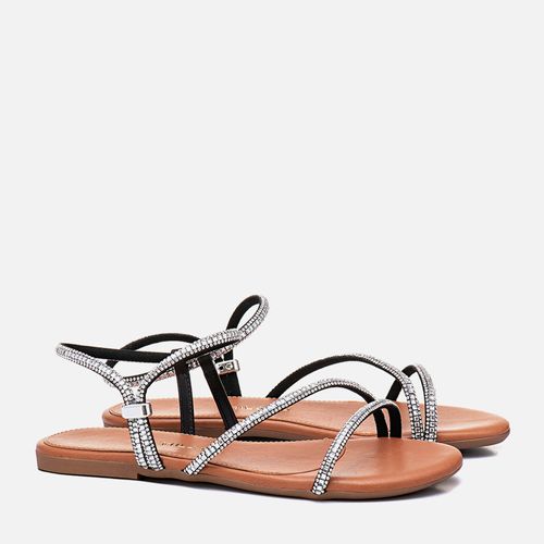 Sandália Rasteira com Brilho Mix de Pedrarias e Strass Feminino Milano Cristal 13265