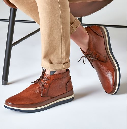 Sapato Casual Abotinado ou Bota Feito em Couro de Cabra Ultra Macio Estonado Solado Borracha Natural Bicolor Masculino Milano Damasco/mouro 13279
