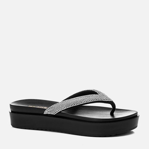 Sandália Papete Tipo Chinelo Sola Alta com Brilho Strass Feminino Milano Preto 13301