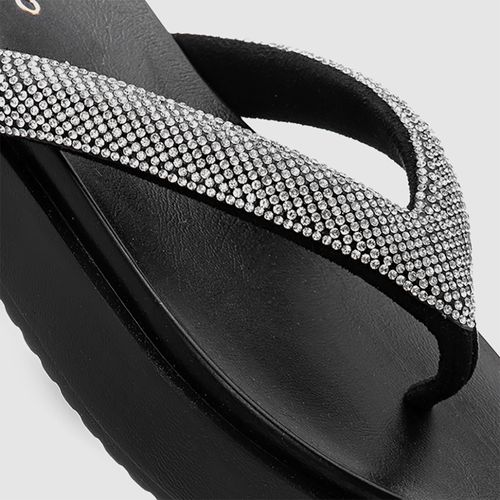Sandália Papete Tipo Chinelo Sola Alta com Brilho Strass Feminino Milano Preto 13301