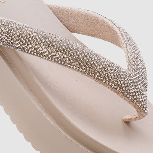 Sandália Papete Tipo Chinelo Sola Alta com Brilho Strass Feminino Milano Off White 13301