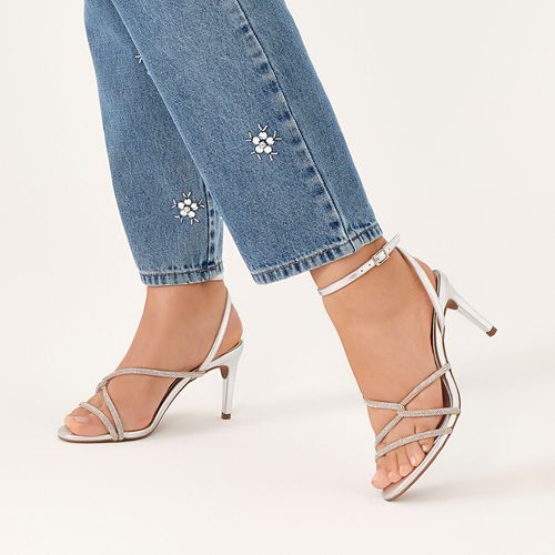 Sandália Festa Salto Fino Alto com Brilho Strass Feminino Milano Prata 13365