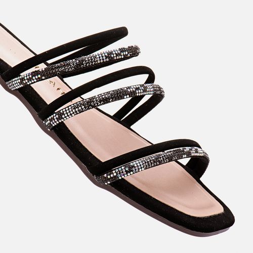 Sandália Rasteira Aberta Brilho Strass Feminino Milano Preto/onix 13400