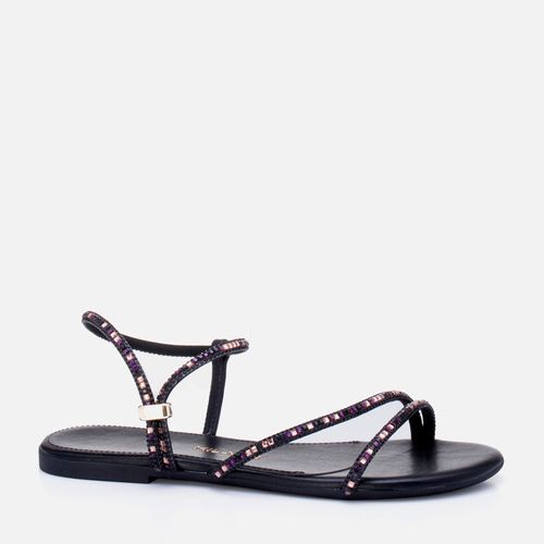 Sandália Rasteira com Brilho Mix de Pedrarias e Strass Feminino Milano Preta Multicolor 13429