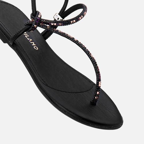 Sandália Rasteira com Brilho Mix de Pedrarias e Strass Feminino Milano Preto 13435