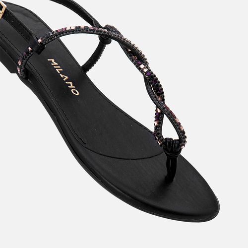 Sandália Rasteira com Brilho Mix de Pedrarias e Strass Feminino Milano Preto 13436