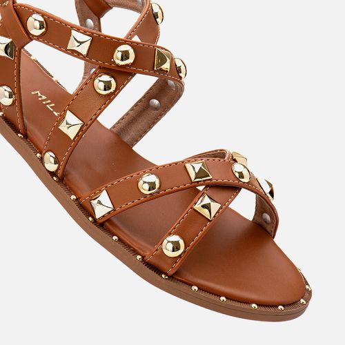 Sandália Rasteira Tiras Tachas e Studs Feminino Milano Caramelo 13412