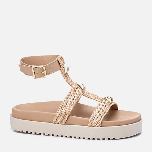 Sandália Papete Tratorada Tiras Trama Natural Tachas e Studs Feminino Milano Off White 13421