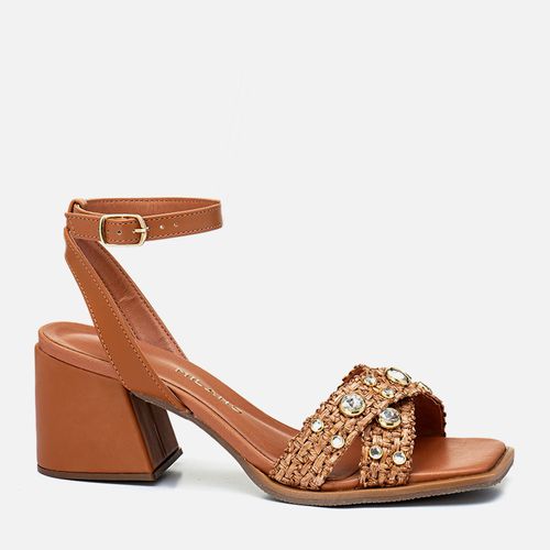 Sandália Salto Bloco Médio Tiras Tramado Natural Brilho Strass Feminino Milano Caramelo 13415