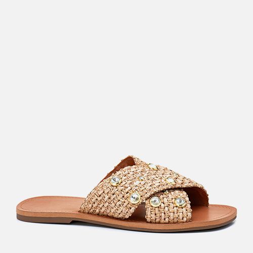 Sandália Rasteira Aberta X em Palha com Brilho Strass Feminino Milano Natural 13419