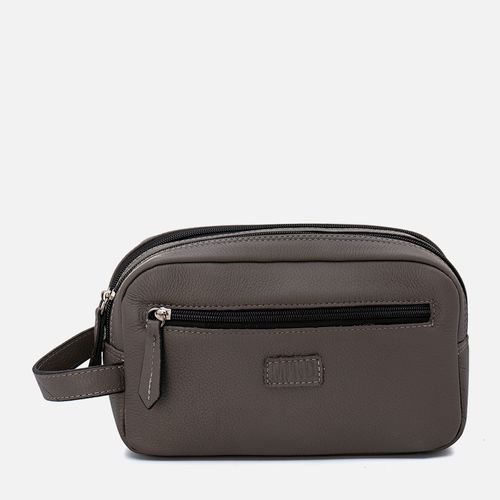 Necessaire Bolsa Viagem Estojo Feito em Couro Floater 2 Divisórias Grande Bolso Frontal Zíper Masculino Milano Smoke 13199