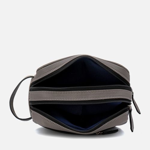Necessaire Bolsa Viagem Estojo Feito em Couro Floater 2 Divisórias Grande Bolso Frontal Zíper Masculino Milano Smoke 13199