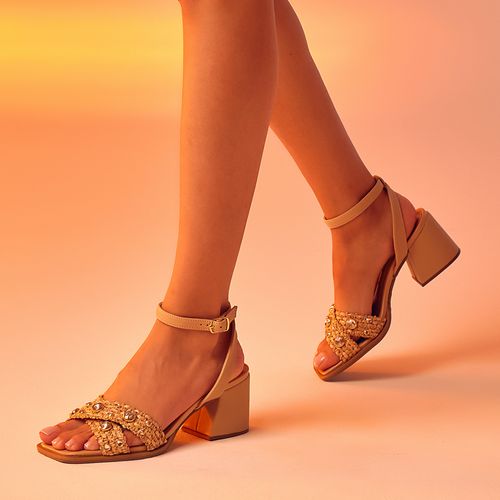 Sandália Salto Bloco Médio Tiras Tramado Natural Brilho Strass Feminino Milano Natural 13415
