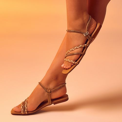 Sandália Rasteira Brilho Strass  Calce Prático Feminino Milano Light Tan 13434
