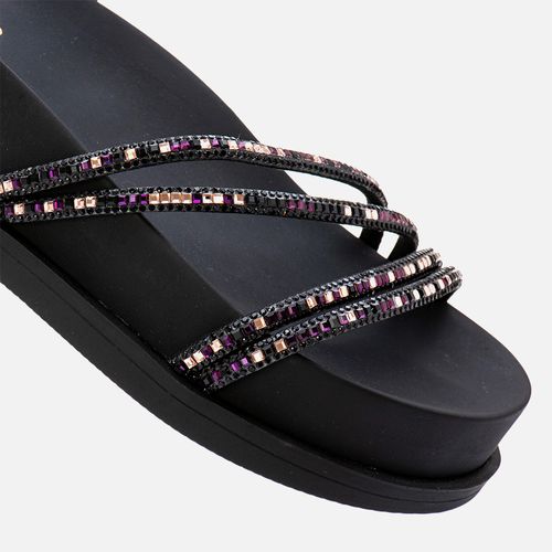 Sandália Papete Sola Alta Tiras Finas Brilho Strass Feminino Milano Preto 13455