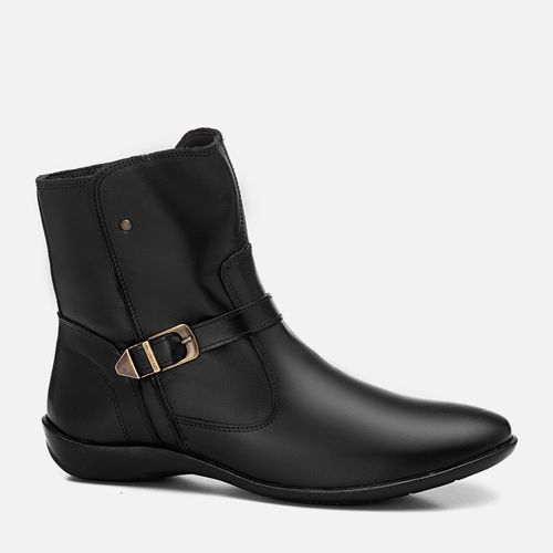 Bota Feita em Couro com Cano Médio e Solado Rasteiro Biker Boot Fivela Feminino Milano Preto 13451