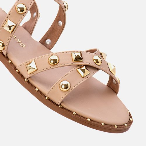 Sandália Rasteira Tiras Tachas e Studs Feminino Milano Amendoa 13412