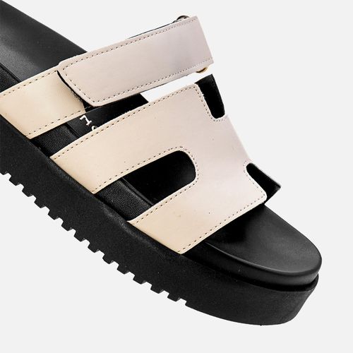 Sandália Papete Tratorada Tira H Velcro Feminino Milano Off White/preto 13371