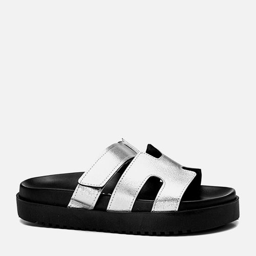 Sandália Papete Tratorada Tira H Velcro Feminino Milano Prata/preto 13371