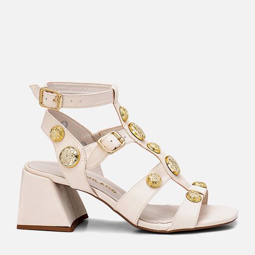Sandália Salto Bloco Médio Tachas Feminino Milano Off White 13460