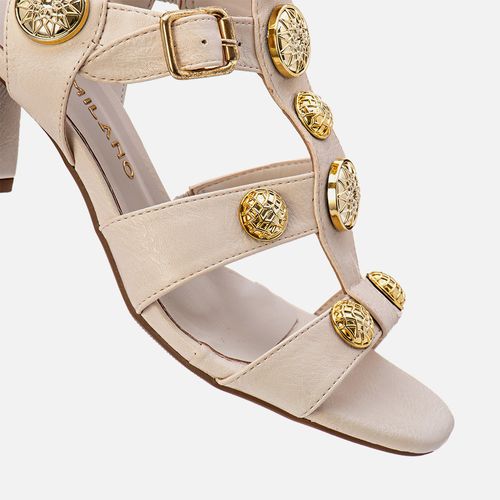 Sandália Salto Bloco Médio Tachas Feminino Milano Off White 13460