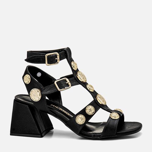 Sandália Salto Bloco Médio Tachas Feminino Milano Preto 13460