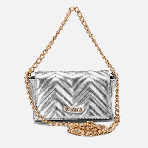 Bolsa Tiracolo ou Transversal em Couro Pequena Mini Bag Corrente Feminina Milano Prata 13574