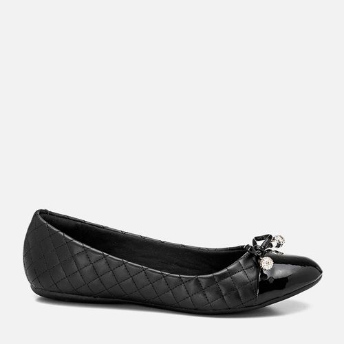 Sapatilha Rasteira Bico Redondo Matelassê com Ponta em Verniz e Laço Feminino Milano Preto/preto 13475