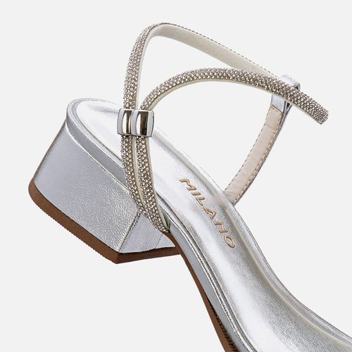 Sandália Salto Bloco Médio Brilho Strass Metalizado Feminino Milano Prata 13465