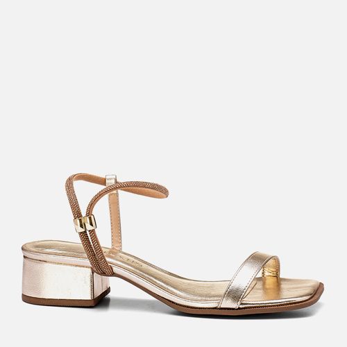 Sandália Salto Bloco Médio Brilho Strass Metalizado Feminino Milano Ouro 13465