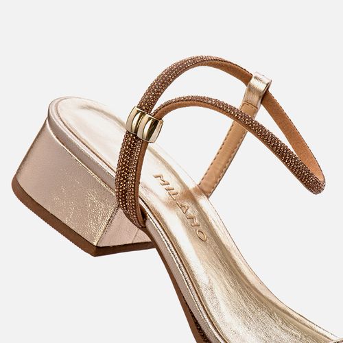 Sandália Salto Bloco Médio Brilho Strass Metalizado Feminino Milano Ouro 13465
