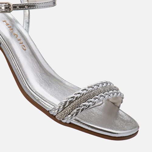 Sandália Salto Bloco Médio Brilho Strass Feminino Milano Prata 13464