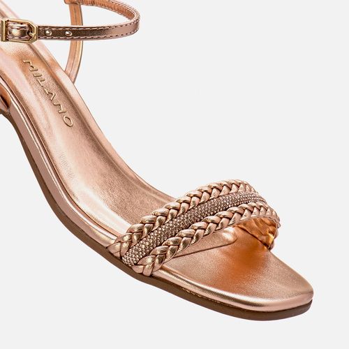 Sandália Salto Bloco Médio Brilho Strass Feminino Milano Cobre 13464