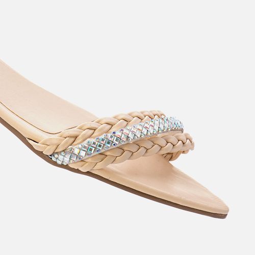 Sandália Salto Baixo Bico Folha e Brilho Strass Feminino Milano Off White 13498