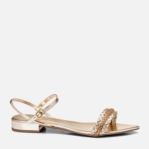 Sandália Salto Baixo Bico Folha e Brilho Strass Feminino Milano Ouro Light 13498