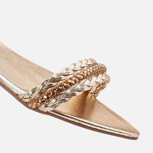 Sandália Salto Baixo Bico Folha e Brilho Strass Feminino Milano Ouro Light 13498