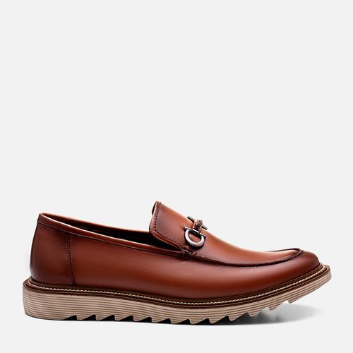 Sapato Casual Mocassim Feito em Couro Napa Premium Acabamento à Mão Sem Amarração Gravata com Metal Solado Tratorado Masculino Milano Havana 13580