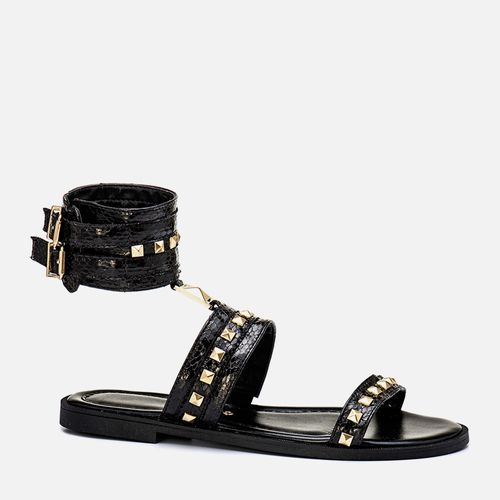 Sandália Rasteiras Gladiadora Tachas Spike Pirâmide Pulseira Tornozelo Feminino Milano Preto 13513
