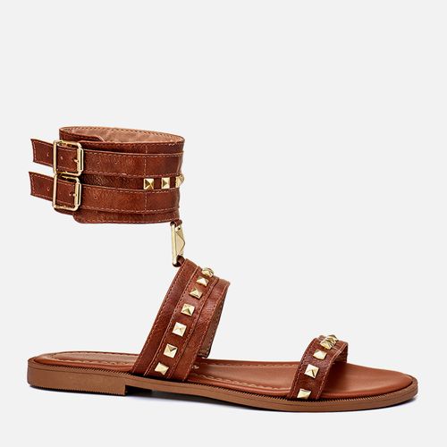 Sandália Rasteiras Gladiadora Tachas Spike Pirâmide Pulseira Tornozelo Feminino Milano Caramelo 13513