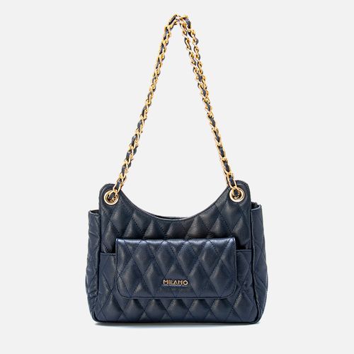 Bolsa Tiracolo Média Feita em Couro com Corrente Feminina Milano Marinho 13355