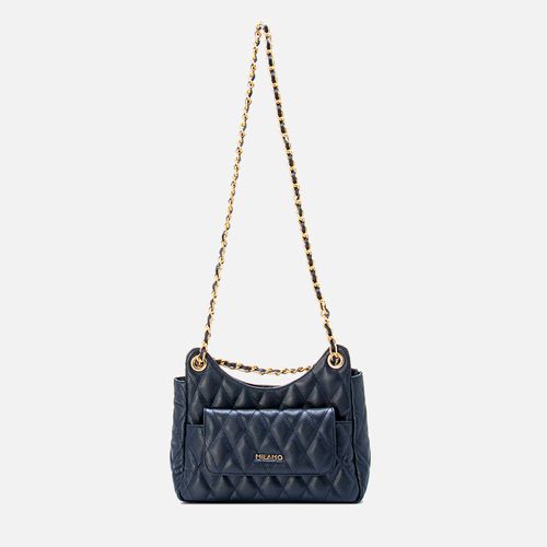 Bolsa Tiracolo Média Feita em Couro com Corrente Feminina Milano Marinho 13355