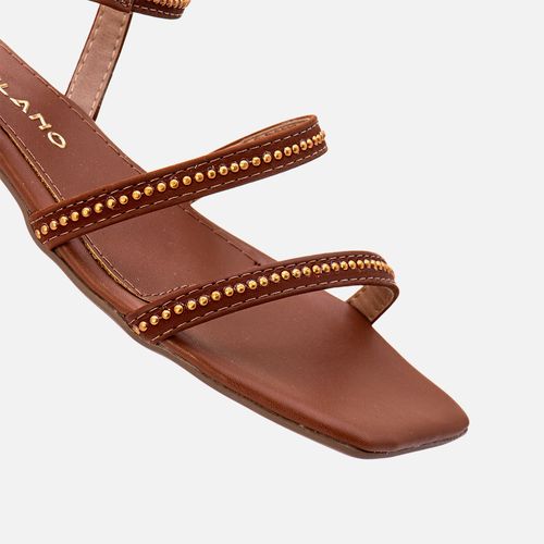 Sandália Salto Baixo e Tiras com Tachas tipo Rebite Feminino Milano Caramelo 13510