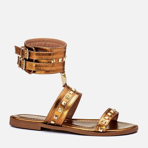 Sandália Rasteiras Gladiadora Tachas Spike Pirâmide Pulseira Tornozelo Feminino Milano Bronze 13513